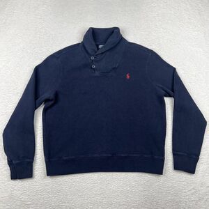 Vintage Polo Ralph Lauren Sweater Mens Large Navy Blue Shawl Collar Knit Cotton